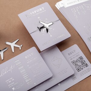 Passport Wedding Invitation with Boarding Pass: Silver Foil Destination Wedding