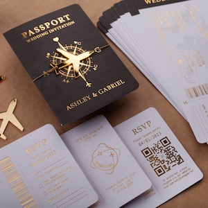 Black and Gold Boarding Pass Wedding Invitation, Destination Theme, Passport-Style Design