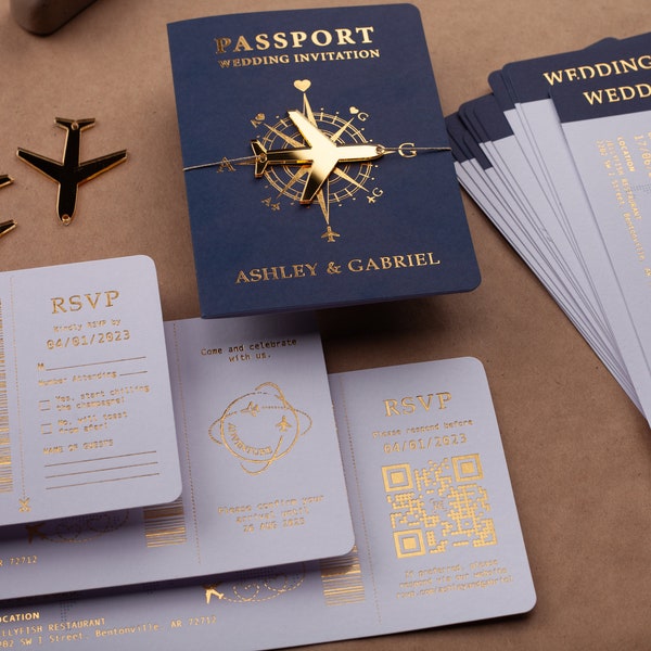 Navy Blue and Gold Foil Destination Wedding Passport Invitation with Boarding Pass Design