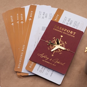 Burgundy and Gold Boarding Pass Wedding Invitation, Passport-Style, Destination Wedding Invite