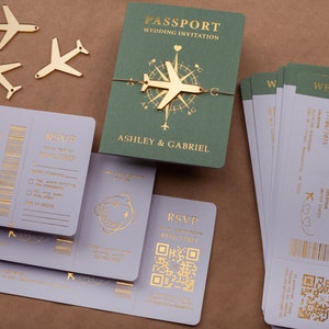 Destination Wedding Boarding Pass Invitation in Sage Green with Gold Foil Details