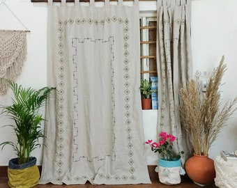Embroidered Organic Linen Curtain: Beige Handmade Panel