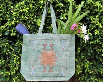 Green Linen Tote Bag: Large Bohemian Shoulder Bag