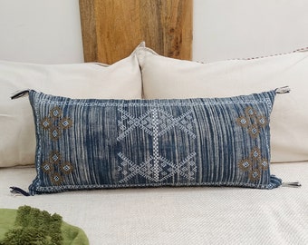Indigo Blue Lumbar Pillow Cover: Boho Cotton Sofa Cushion, 12x28