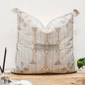 Handwoven Embroidered Cotton Pillow Cover: Grey Boho Throw Pillow
