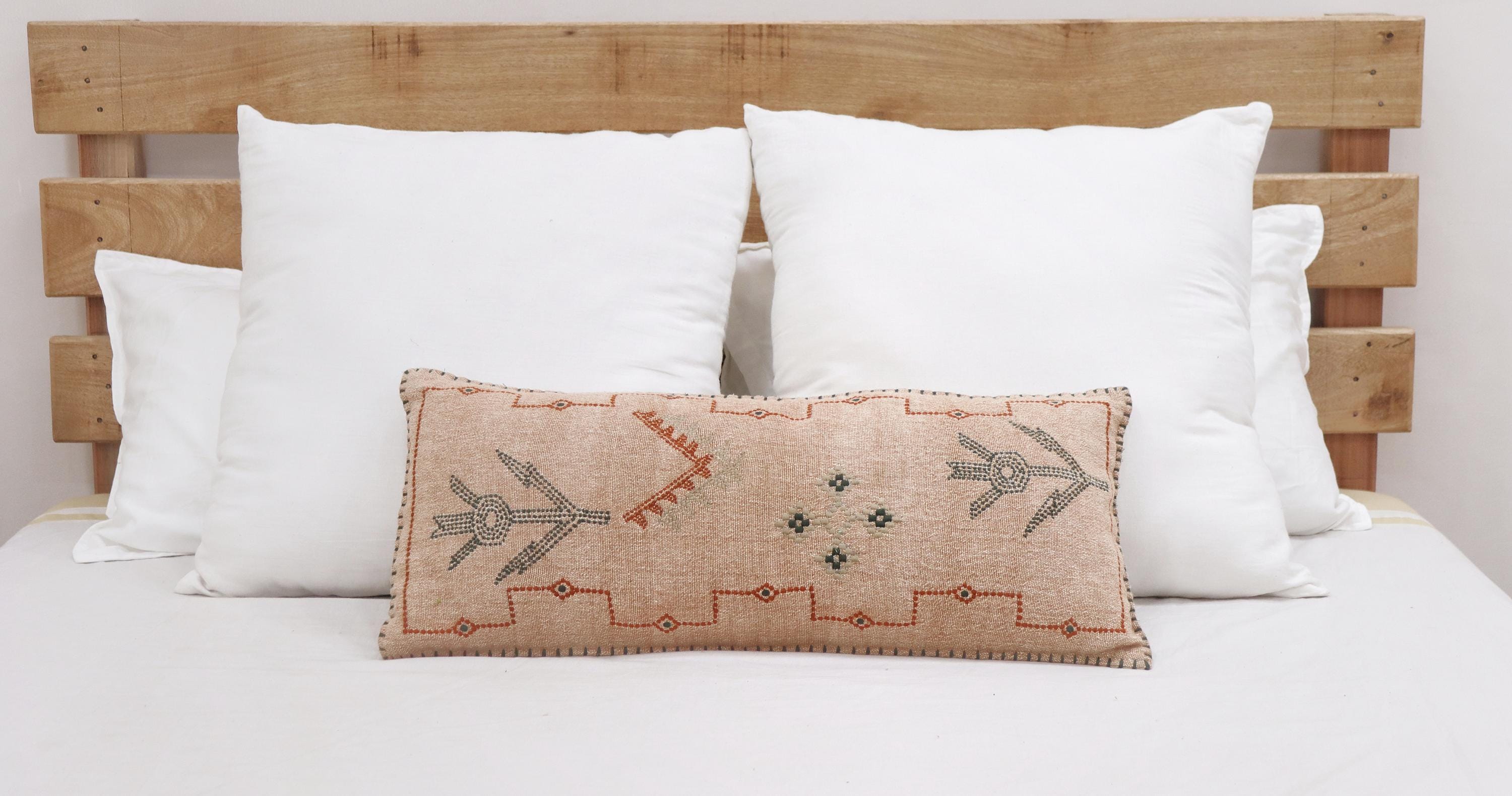 Boho Embroidered Lumbar Pillow Cover: Rust Cotton Farmhouse Decor