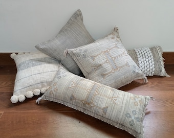 Handmade Embroidered Pillow Cover: Light Grey Cotton, Geometric Design