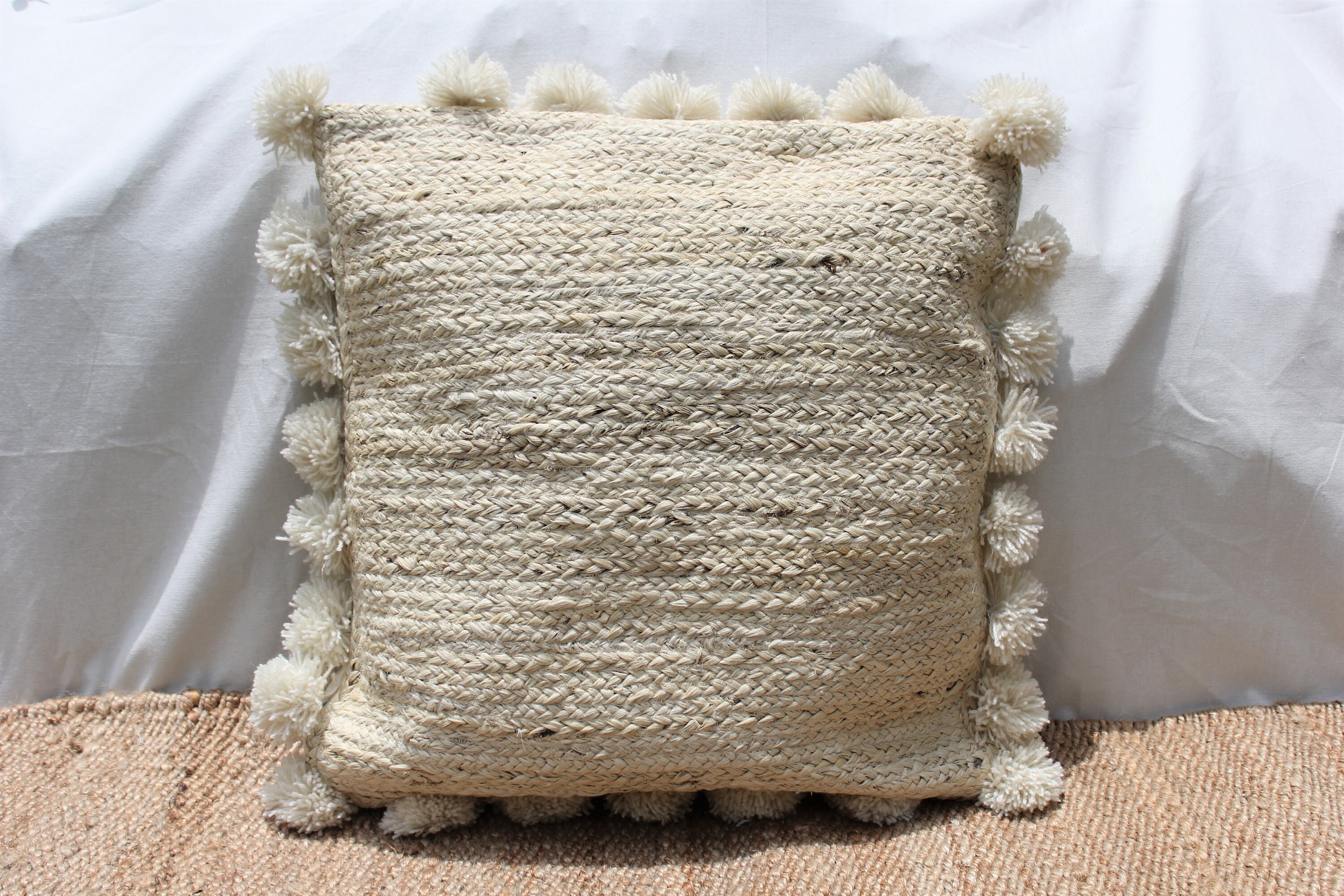 Handmade Braided Natural Jute Pillow Cover with pompom bedding Etsy