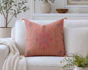 Hand Embroidered Rust Linen Pillow Cover with Tassels | Boho Farmhouse Cushion (20x20)