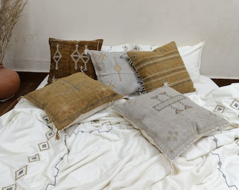 Embroidered Linen Pillow Cover: Mustard Farmhouse Decor (20x20 in)