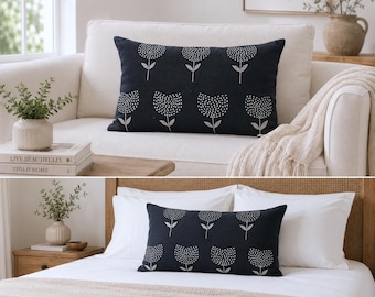 Hand Embroidered Black Lumbar Pillow Cover | Cotton Floral Boho Cushion 14x22