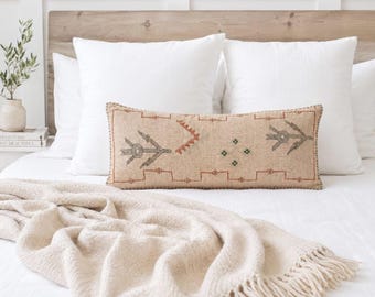 Embroidered Linen Lumbar Pillow Cover with Cotton Backing – Coral Rust Boho Cushion – 12x28"