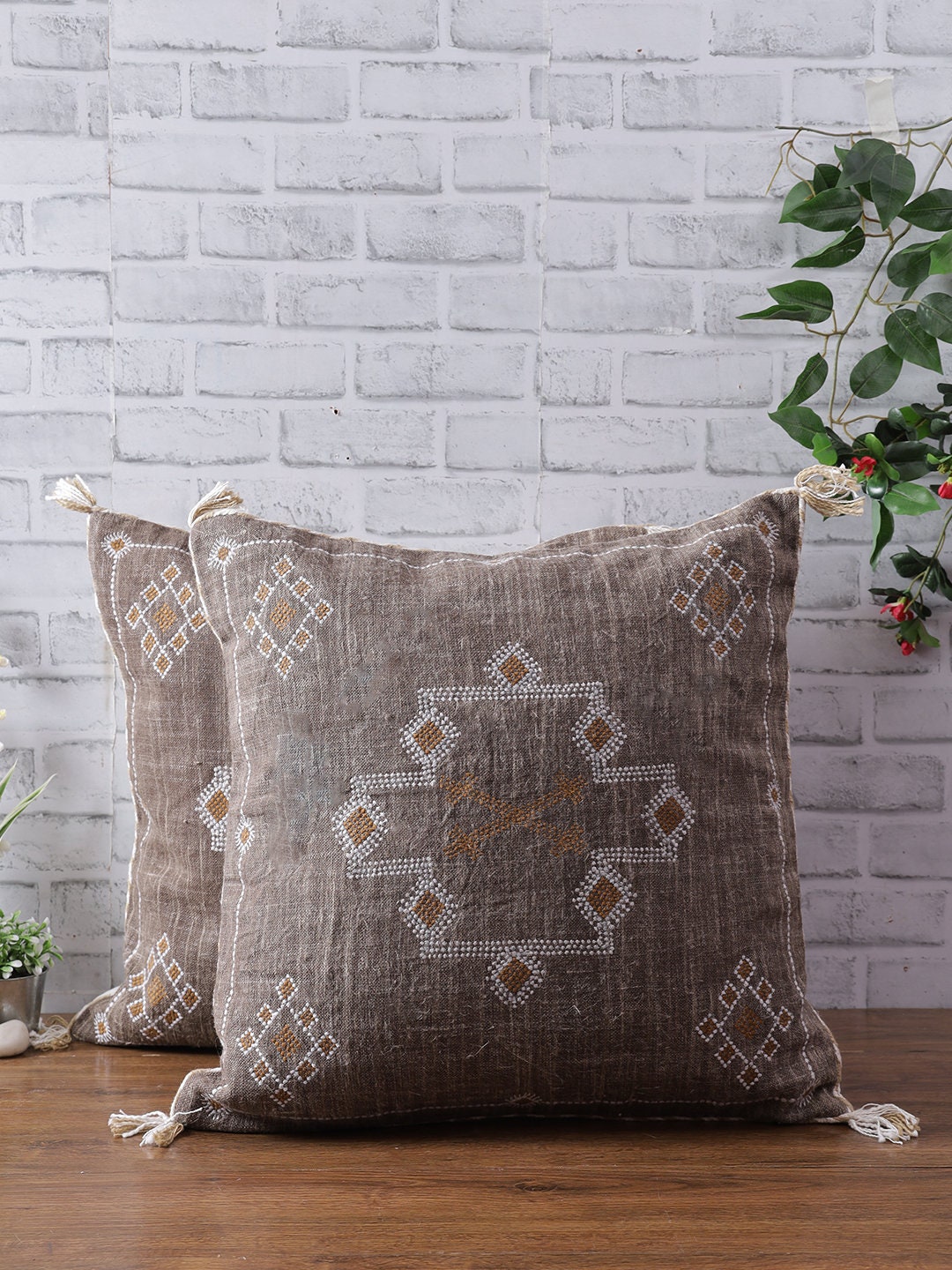 Brown Linen Embroidered Pillow Cover: Boho Decor (20x20)