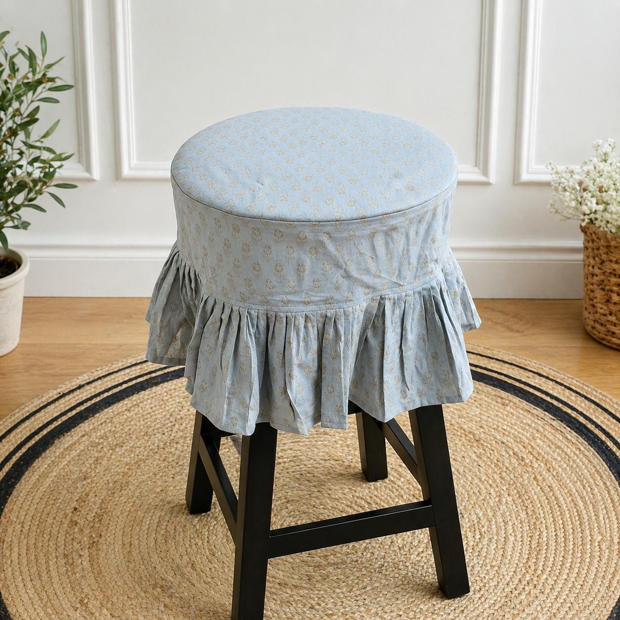 Pastel Blue Cotton Block Print Stool Cover with Ruffles Delicate Floral Round Barstool Slipcover Cottagecore Vanity Chair Cover