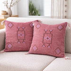 Set of 2 Pink Linen Throw Pillow Covers | Embroidered Boho Cushion