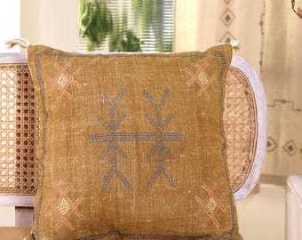 Embroidered Linen Throw Pillow Cover: Mustard Farmhouse Decor