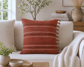 Hand Embroidered Rust Cotton Pillow Cover | Boho Terracotta Tassels Cushion Farmhouse