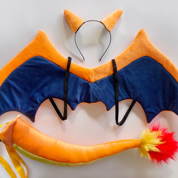 Disfraz Charizard diadema cuernos, alas y cola/ Diadema Lizardon + alas / cosplay pokemon tanto para niños como para adultos