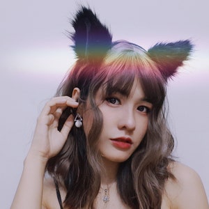 Pluizige, donzige zwart-witte kattenoren en -staart voor cosplay en Halloween-kostuum voor zowel kinderen als volwassenen