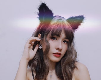 Pluizige, donzige zwart-witte kattenoren en -staart voor cosplay en Halloween-kostuum voor zowel kinderen als volwassenen