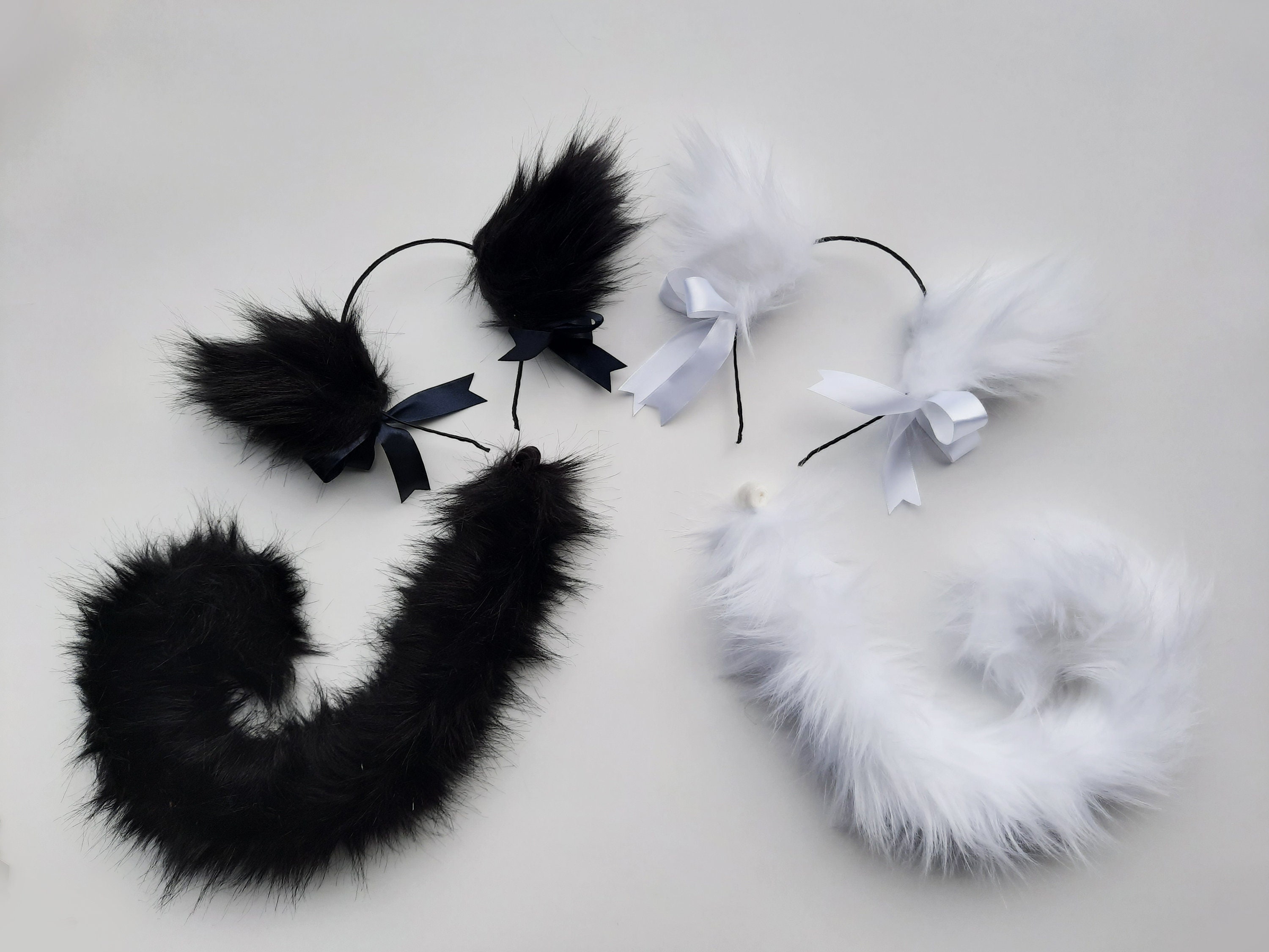 FLuffy fuzzy Black & white cat ears and tail for cosplay and | Etsy