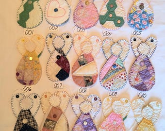 Quilted handmade angel ornaments made from repurposed vintage quilts that were unrepairable.