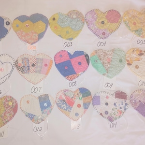 Handmade Quilted Heart Ornament, Antique Quilt Scrap, Patchwork Button Embellished