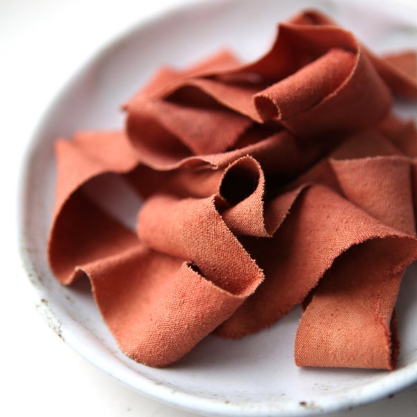 Handmade orange silk ribbon, naturally dyed noil, for wedding decor, bridal bouquets, styling, hair, cakes, stationery