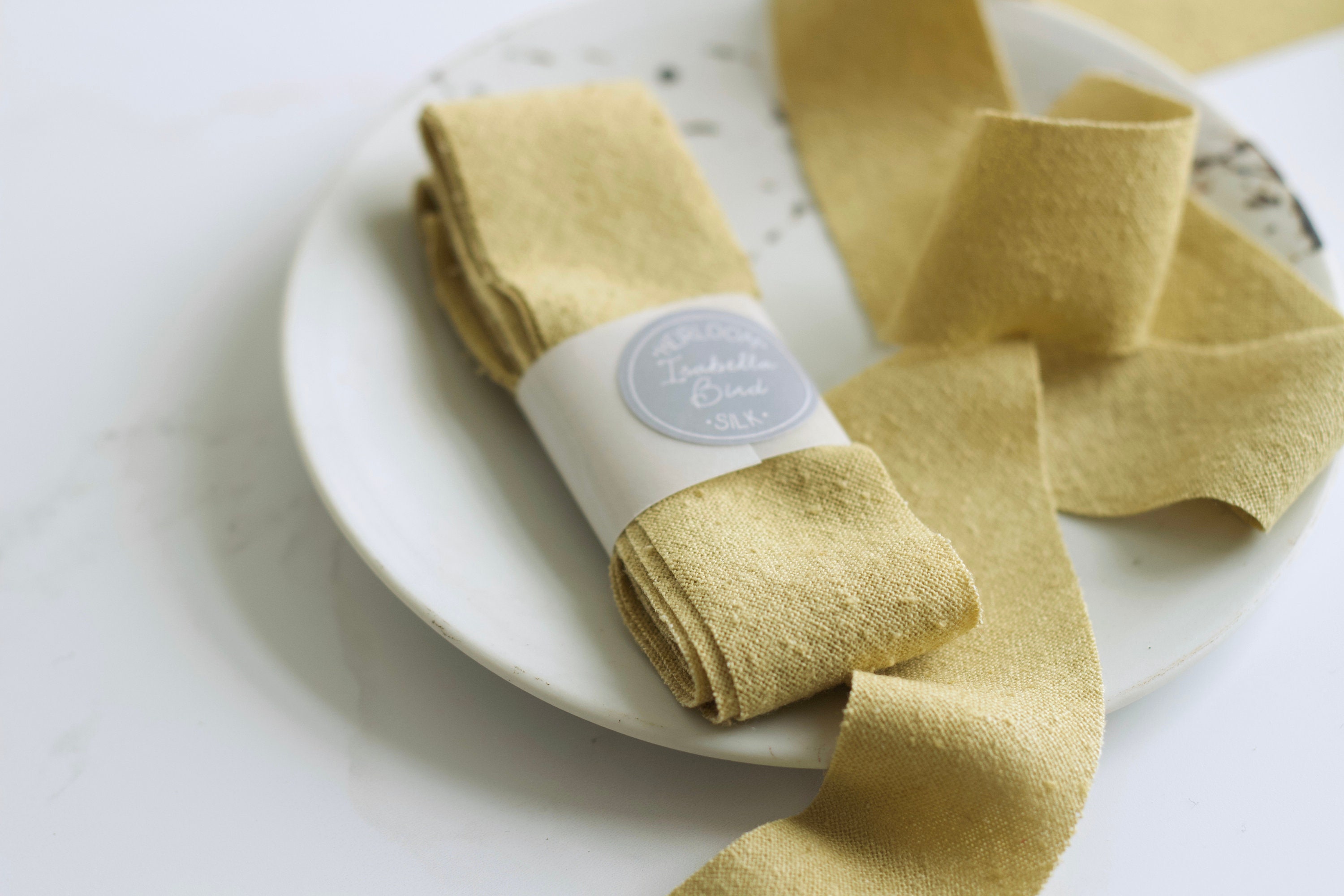 Handmade olive silk ribbon, naturally dyed noil, for wedding decor, bridal bouquets, styling, hair, cakes, stationery