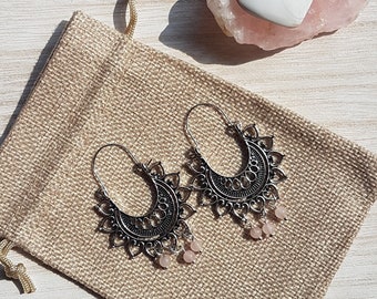 Boho Mandala Hoop Earrings | Antique Silver & Rose Quartz