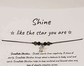 Snowflake Obsidian Crystal Anklet | Black Onyx Bead, Star Charm