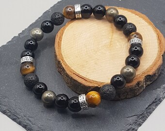 Men's Natural Tiger Eye Power Bracelet | Lava Stone & Black Onyx | Stone of Strength, Courage and Protection