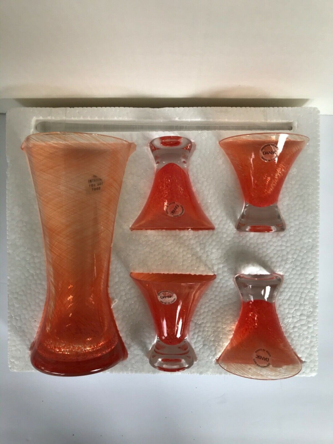 Mid century New Dansk Bright Orange Twist Pitcher 4 Cocktail Glasses