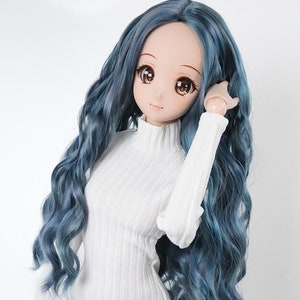 May include: A doll with long, wavy blue hair wearing a white turtleneck sweater dress.