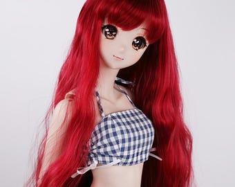 BJD Doll Wig: 8-9" Long Wavy Cherry Red Heat Resistant Hair