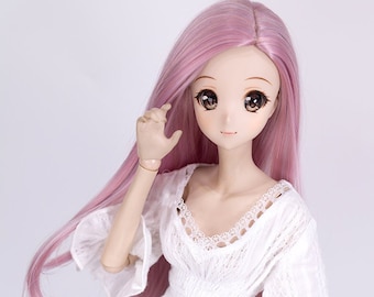 May include: A doll with long pink hair wearing a white lace dress with ruffled sleeves and a ruffled hem.