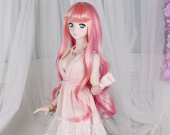 May include: A fashion doll with pink hair and blue eyes, wearing a light pink dress with a white lace hem. The doll is accessorized with a pearl necklace and black heels. The doll is standing on a stand.