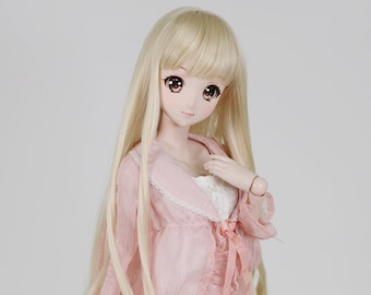 May include: A long, straight, blonde wig with bangs. The wig is styled in a loose wave and is worn by a doll wearing a pink, ruffled, sheer robe.