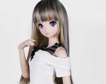 Two-Tone Gray Long Straight BJD Wig: 8-9" Heat-Resistant Fiber