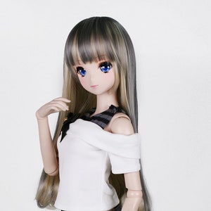 Two-Tone Gray Long Straight BJD Wig: 8-9&quot; Heat-Resistant Fiber