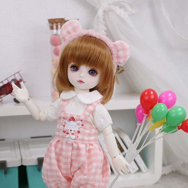 BJD Teddy bear headband and pink check overall set YOSD USD 26cm 1/6 doll