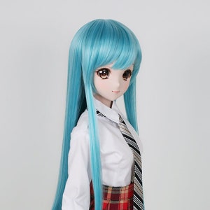 May include: A doll with long, straight, turquoise blue hair wearing a white collared shirt with a black and white striped tie and a red, black, and beige plaid skirt.