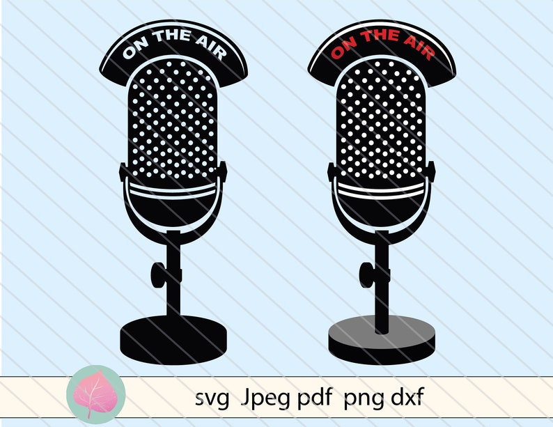 May include: Black and white silhouette of a vintage microphone with the text "ON THE AIR" in red above it. The microphone is on a stand.