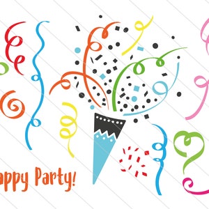 May include: A blue and black party popper with colorful confetti and streamers. The text "Happy Party!" is written below the popper.