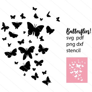 May include: Black silhouette of butterflies arranged in a heart shape. The text "Butterflies! svg pdf png dxf stencil" is below the butterflies.