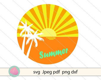 Plage SVG coucher de soleil SVG clipart rétro coucher de soleil SVG DXF coupe fichier avec des couches. Cricut et camée silhouette. L’été SVG Palm arbres SVG téléchargement