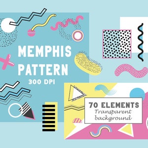 May include: A digital graphic design featuring Memphis-style patterns and elements. The design includes geometric shapes, zigzags, dots, and text that reads "MEMPHIS PATTERN 300 DPI" and "70 ELEMENTS transparent background". The color palette includes blue, pink, yellow, black, and white.