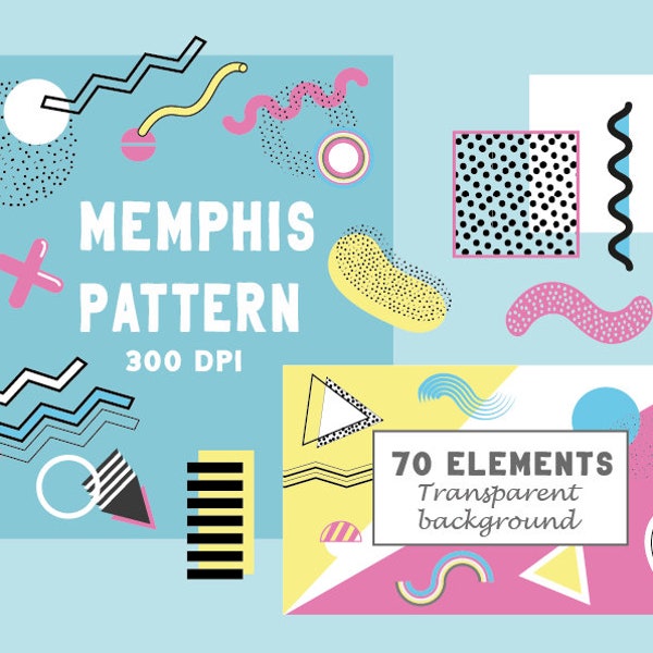 Memphis pattern clipart- 70 elements PNG and PDF 300 resolution - Vector geometric shape - Create your own cards, flyer,background