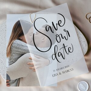 Schlichte Save the Date Karte mit Foto, Transparentpapier und Metallic - Klammer in DIN A6