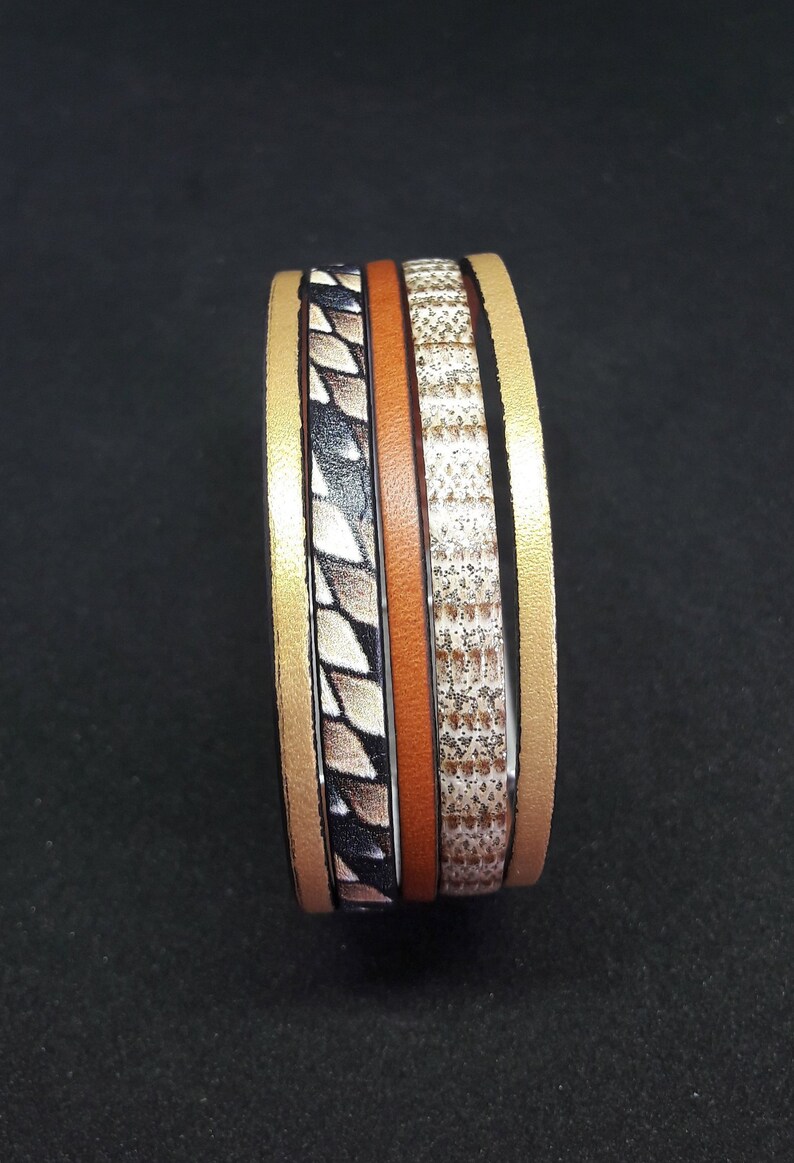 Small genuine leather cuff magnetic clasp silver plated with hook brown gold snakeskin fancy boho style
